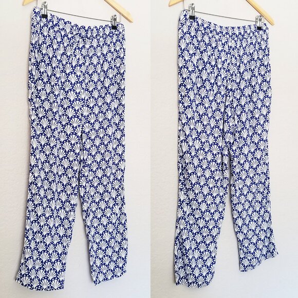 Boden Shells Print Crinkle Tapered Trousers Pants 8 Blue White Pull On Beach $98 - Picture 16 of 16